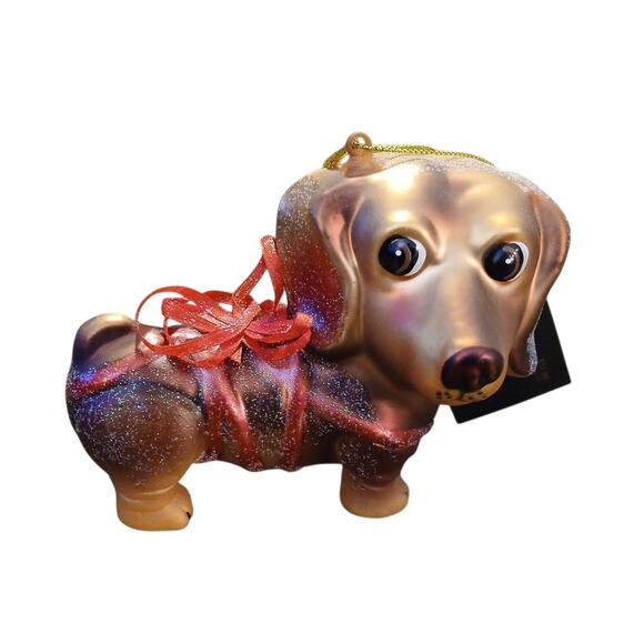 Robert Stanley Glass Christmas Ornament Dachshund Weiner Dog Red Ribbon Glitter - Picture 1 of 8